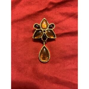 Vintage Art Deco Style Gold Tone Brown Glass Stones Dangle Brooch Pin Floral‎